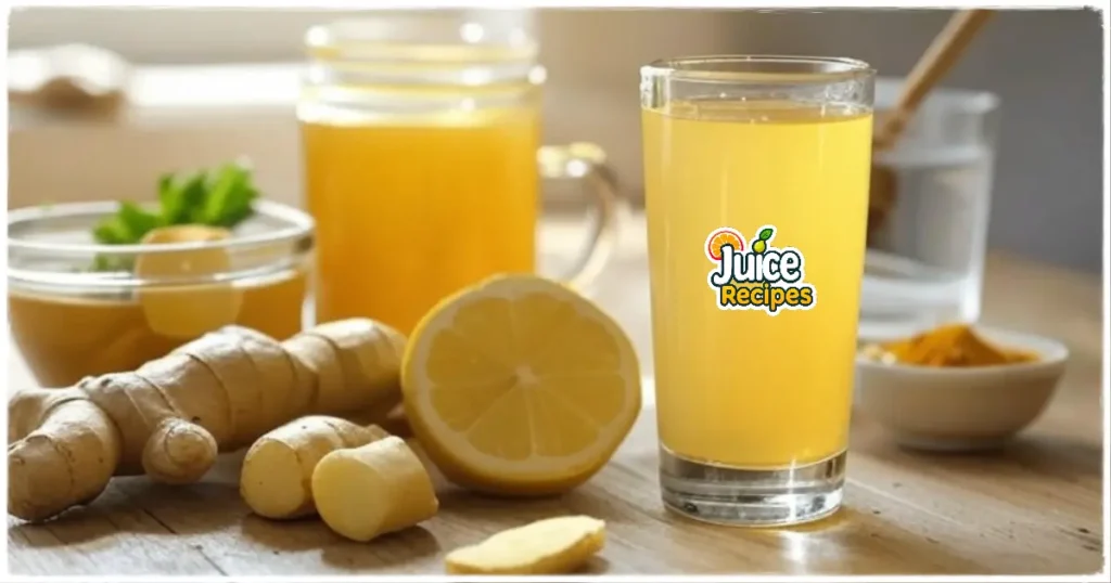 with soft morning light. A label reads "Alkaline Juice Shot – Sip the Glow!" in a modern font.