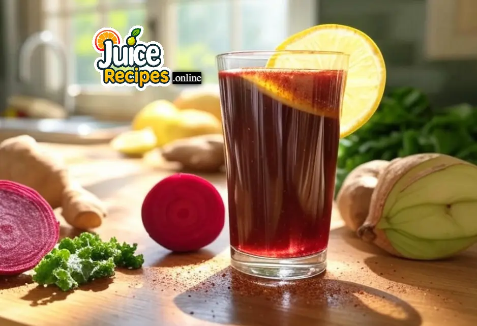 Glass of red-green liver cleanse juice on wooden counter with lemon slice, cayenne, beets, kale, apple, lemon, ginger; morning sunlight glow.